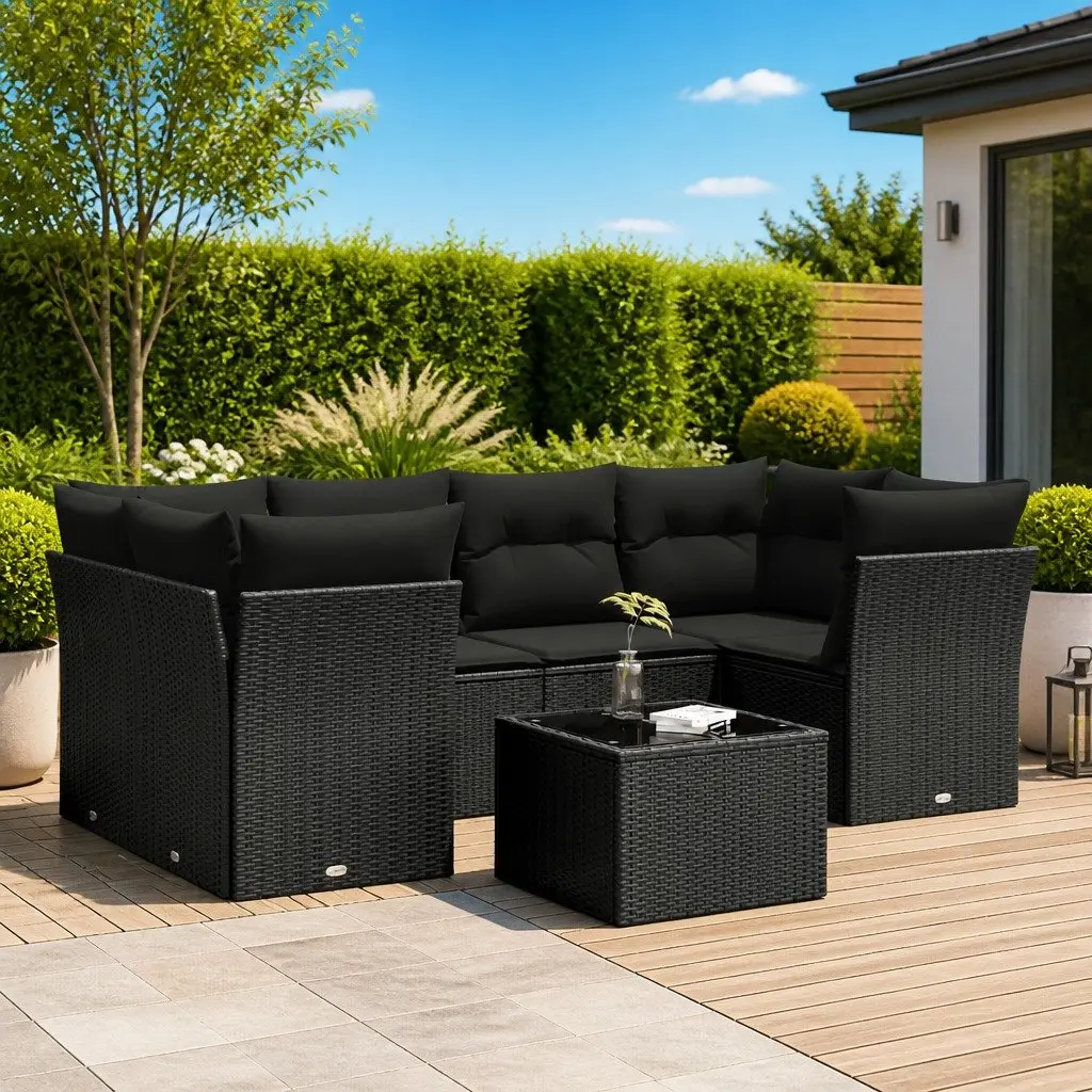 7 Piece Garden Sofa Set Outdoor Patio Furniture Black Poly Rattan