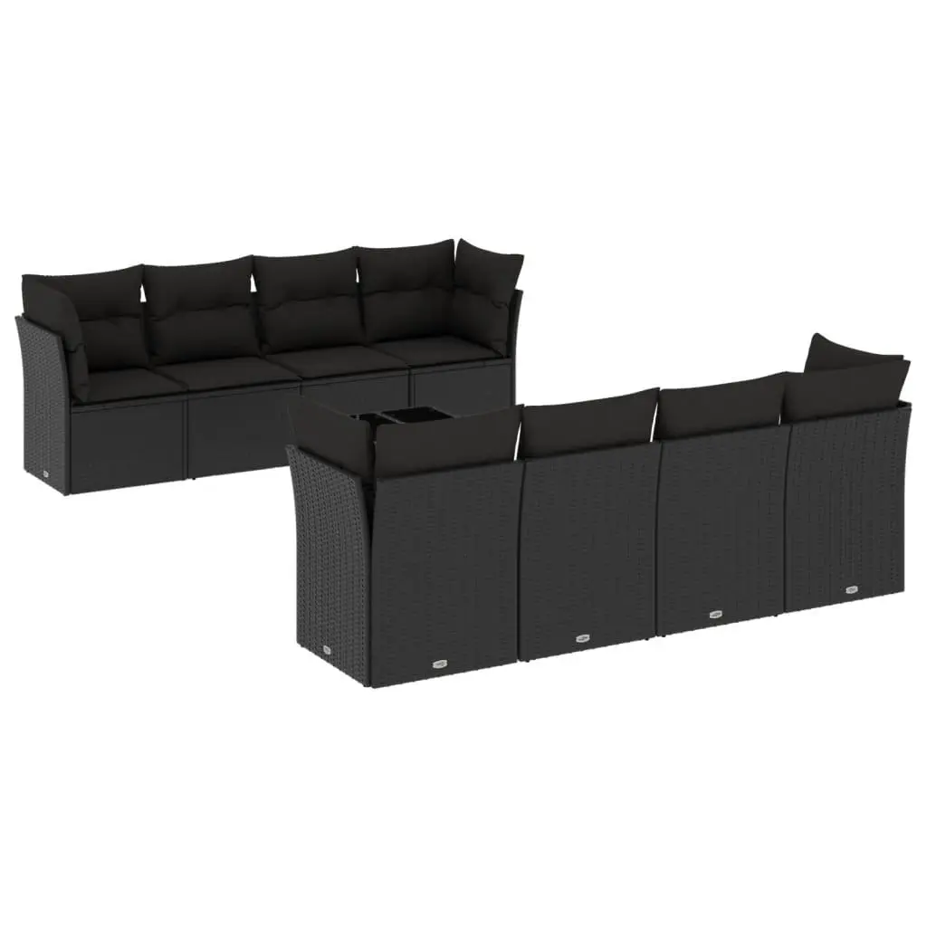 Modular Black Poly Rattan Garden Sofa Set 9 Piece Outdoor Furniture with Tempered Glass Tabletop and Storage for Cushions