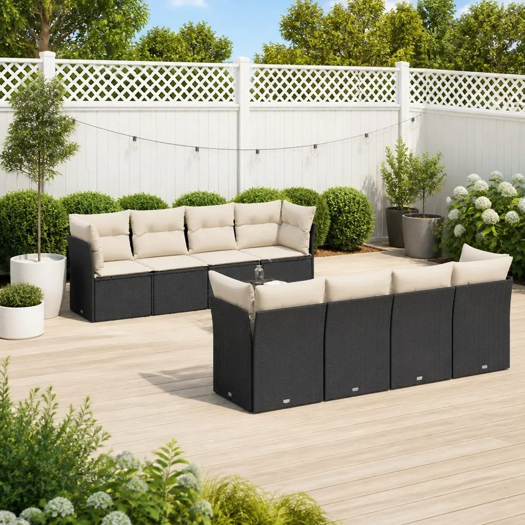9 Piece Garden Sofa Set Black Poly Rattan with Cushions