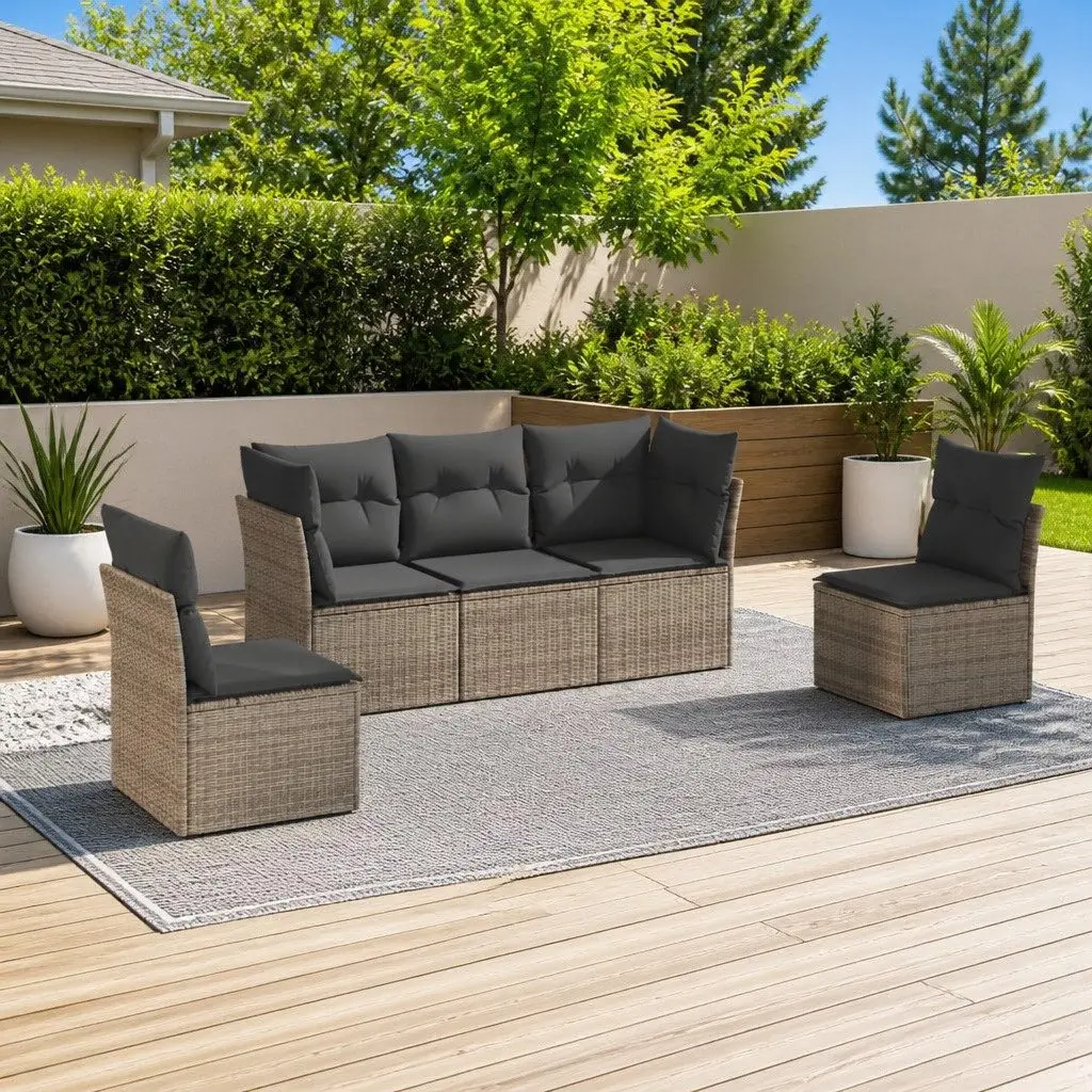 Modular Outdoor Furniture Sofa Set 5 Piece Grey PE Rattan Patio Lounge