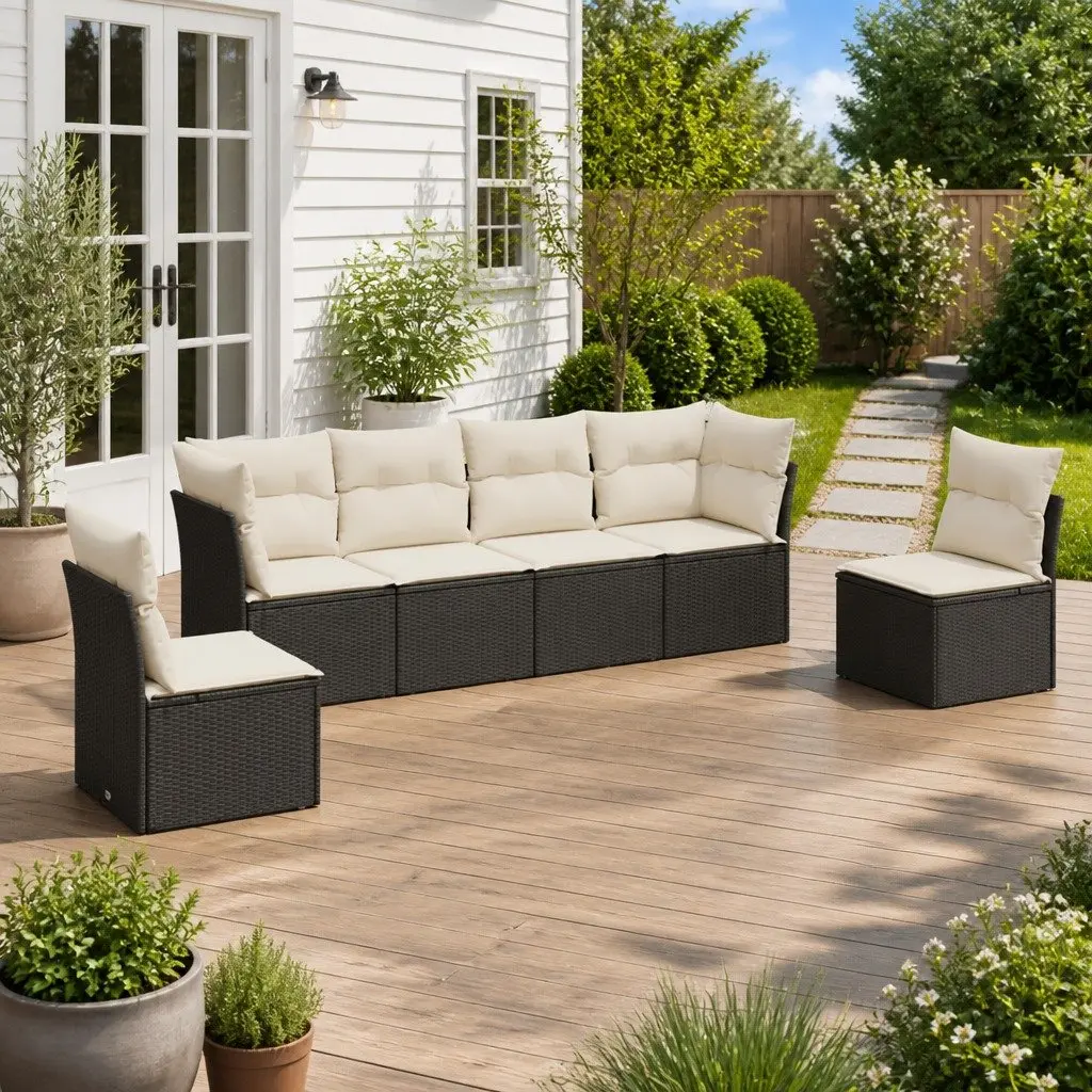 Outdoor Modular Garden Sofa Set Black Poly Rattan 6 Piece