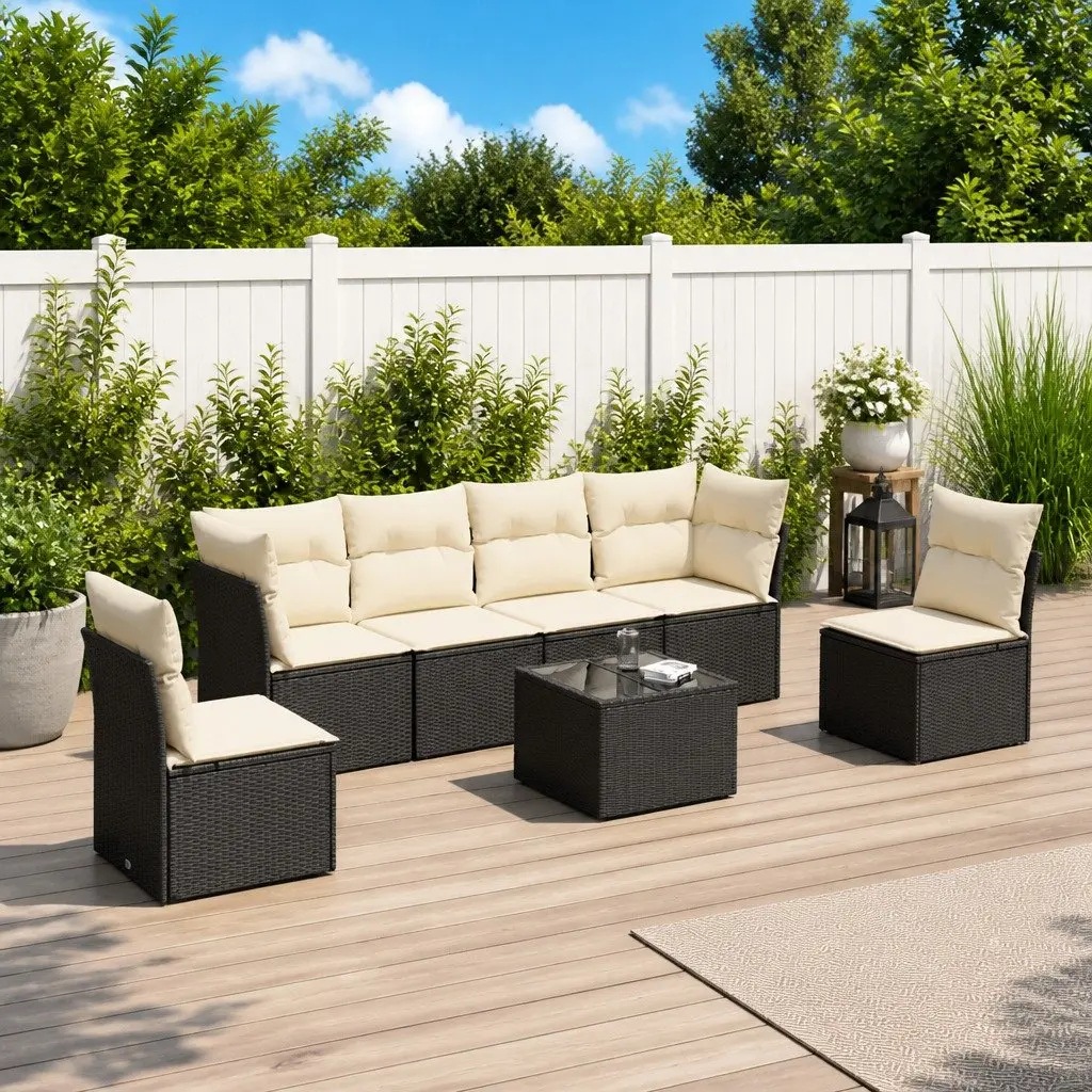 7 Piece Outdoor Garden Sofa Set Black Poly Rattan with Storage Cushions