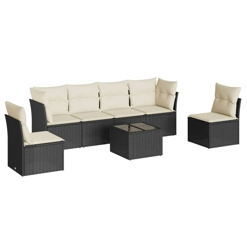 7 Piece Outdoor Garden Sofa Set Black Poly Rattan with Storage Cushions
