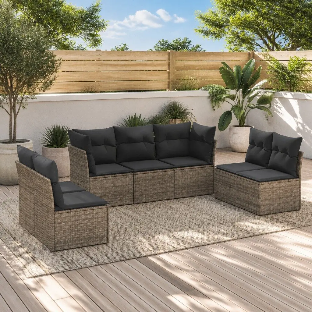 Garden Sofa Set 7 Piece Outdoor Furniture Patio Rattan Lounge with Cushions Grey