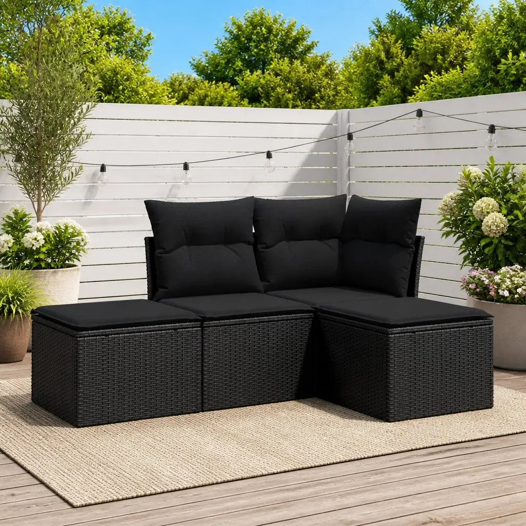 Garden Sofa Set 4 Piece Outdoor Furniture Black Poly Rattan Patio Lounge with