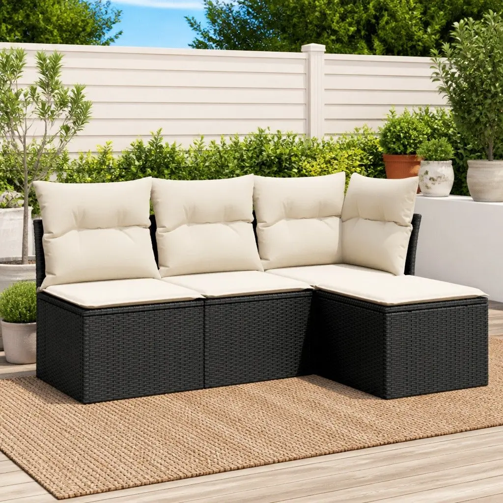4 Piece Modular Garden Sofa Set Black PE Rattan with Under-Seat Storage Cushions