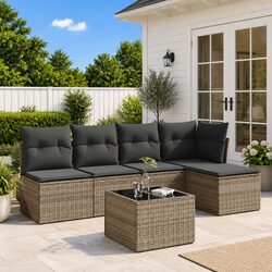 Garden Sofa Set 6 Piece Outdoor Furniture Grey Poly Rattan Patio Sectional with