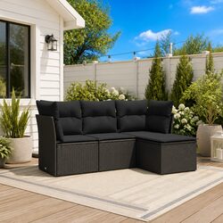 Garden Sofa Set 4 Piece Outdoor Furniture Black Poly Rattan Modular with Storage
