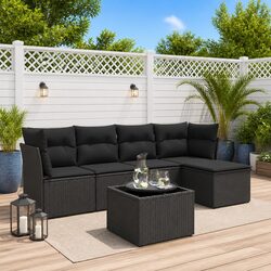 Garden Sofa Set 6 Piece Outdoor Furniture Black Poly Rattan Patio Seating with