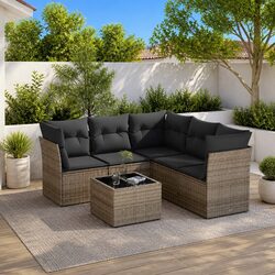 6 Piece Garden Sofa Set Grey Poly Rattan Outdoor Furniture with Cushions Table