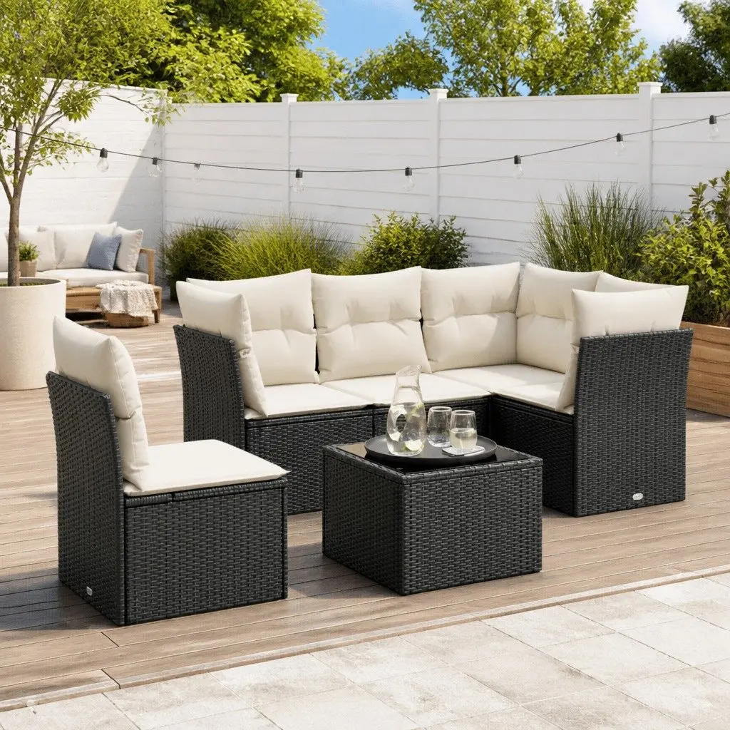 Modular Garden Sofa Set Black Poly Rattan Outdoor Furniture 6 Piece Patio