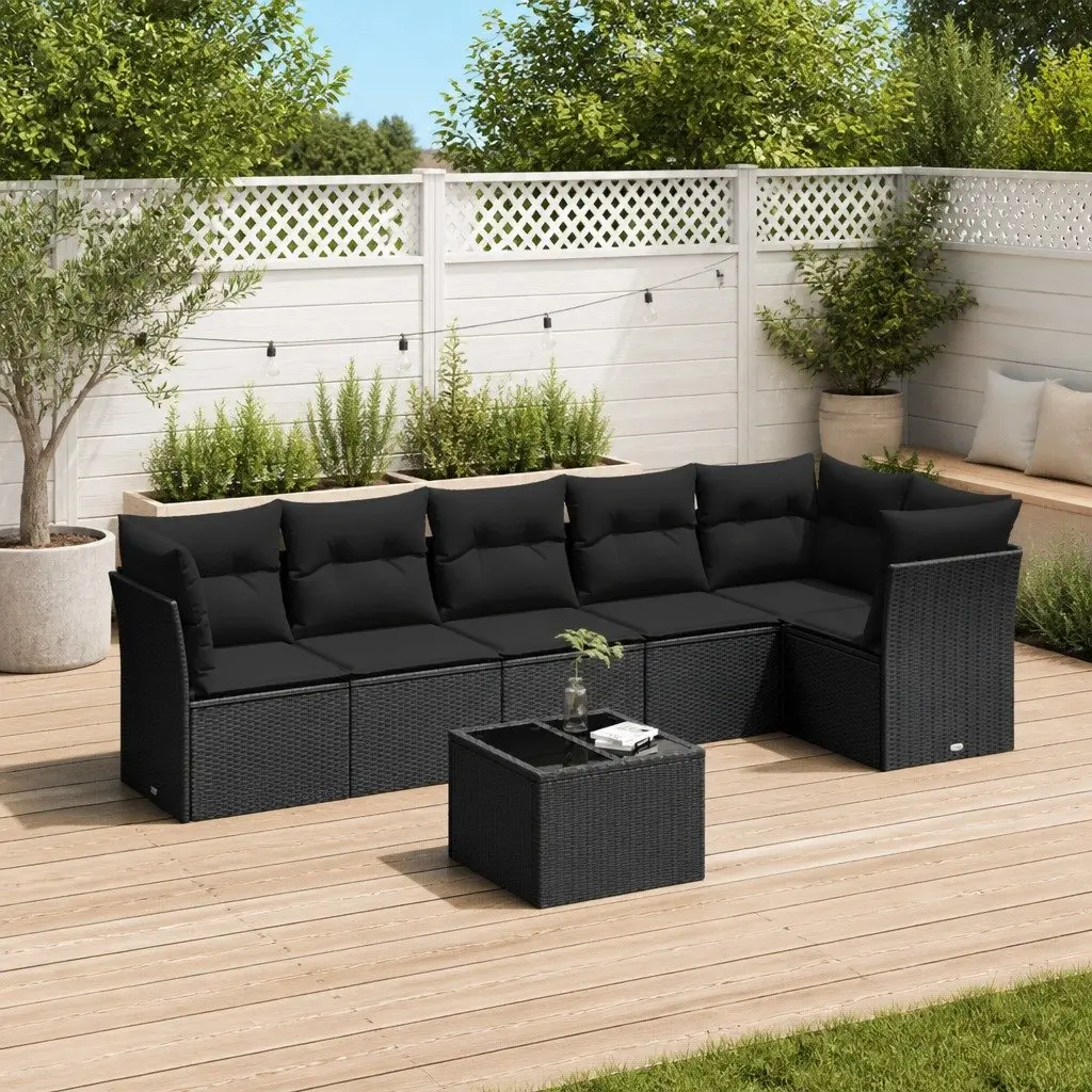Garden Sofa Set 7 Piece Outdoor Furniture Black Poly Rattan with Cushions