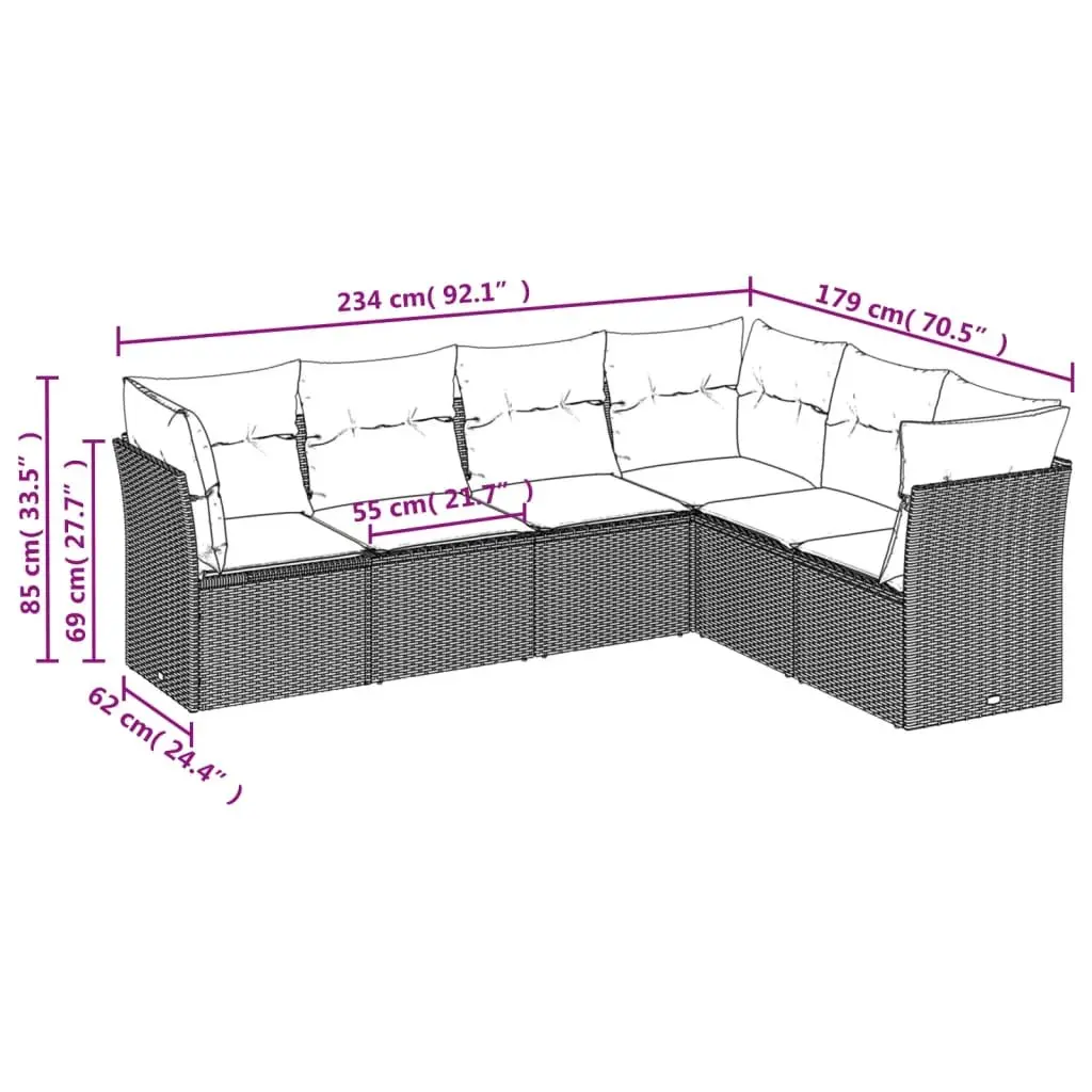 Garden Sofa Set 6 Piece Outdoor Furniture Grey Poly Rattan Modular Patio Seating