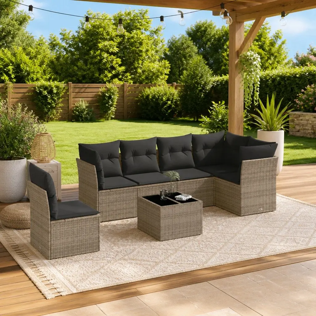 7 Piece Garden Sofa Set Grey Poly Rattan Outdoor Furniture with Cushions