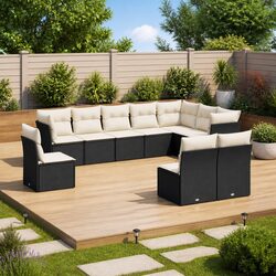 10 Piece Garden Sofa Set with Storage Cushions Black Poly Rattan Outdoor