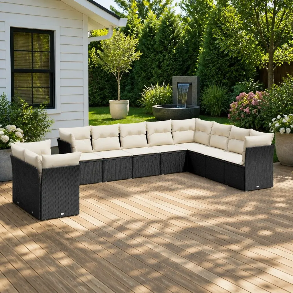 Modular Garden Sofa Set 10 Piece Black Poly Rattan Outdoor Furniture