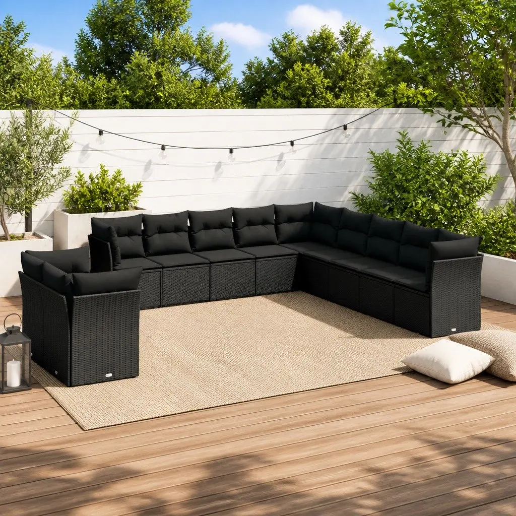 Outdoor Garden Sofa Set 11 Piece Black Poly Rattan Patio Furniture with Cushions