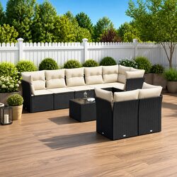 9 Piece Garden Sofa Set Black Poly Rattan Outdoor Patio Furniture with Cushions