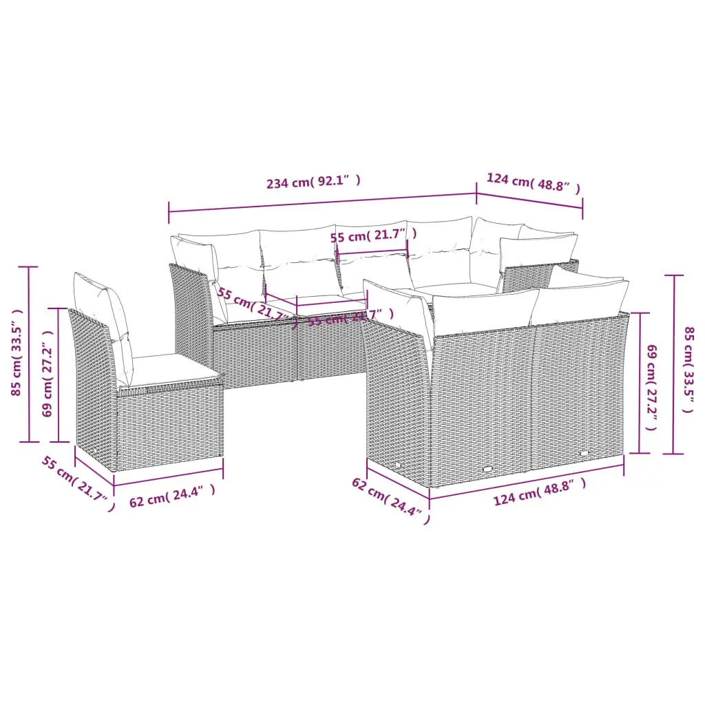 Garden Sofa Set Modular 8 Piece Grey Poly Rattan Outdoor Furniture