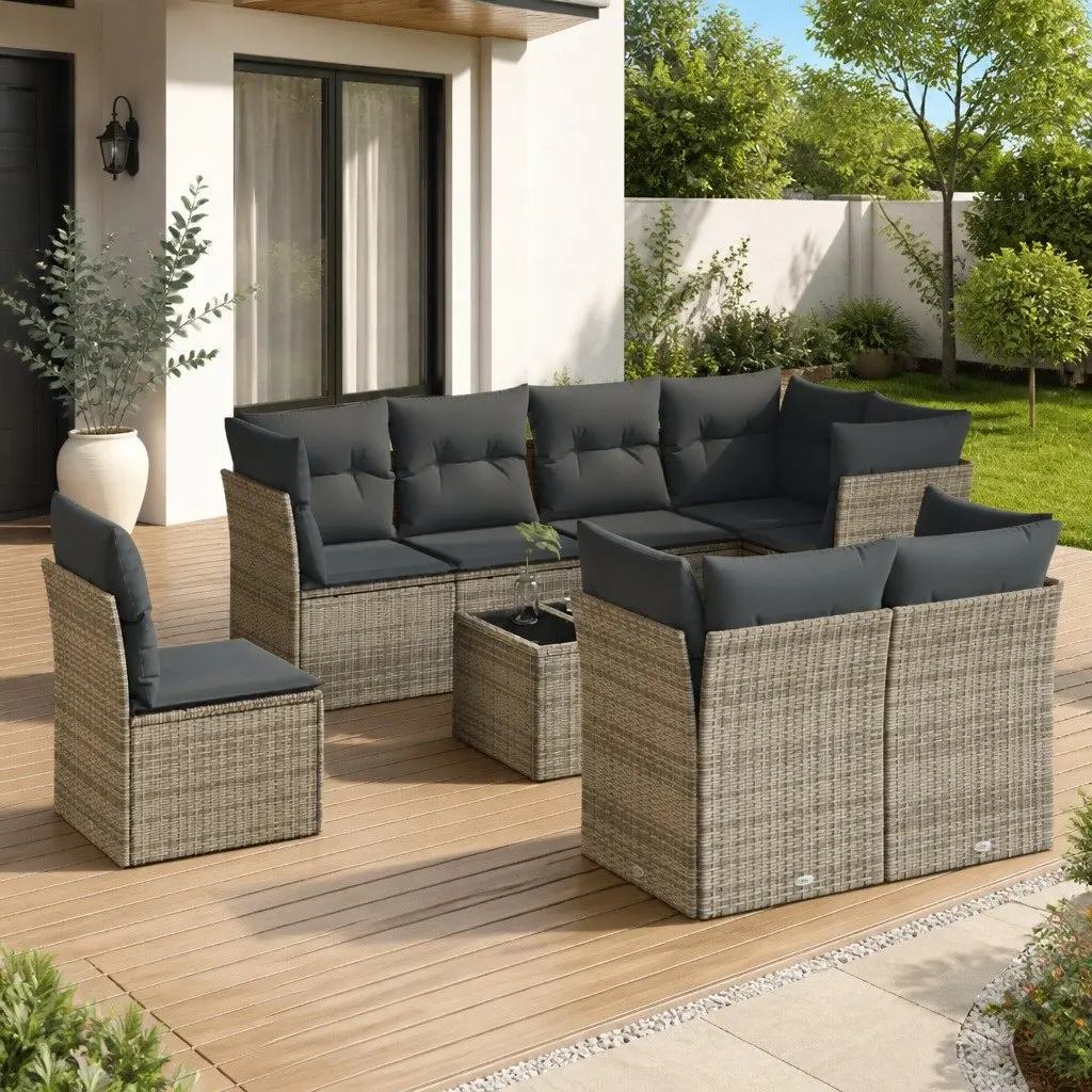 Garden Sofa Set 9 Piece Outdoor Furniture Patio Lounge Grey Poly Rattan with