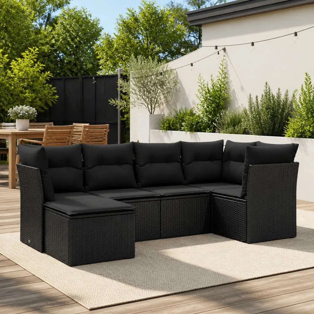 Modular Black Poly Rattan Outdoor Sofa Set 6 Piece for Garden and Patio