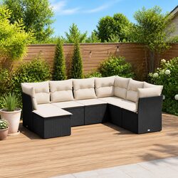 7 Piece Garden Sofa Set Black Poly Rattan Outdoor Patio Furniture with Cushions
