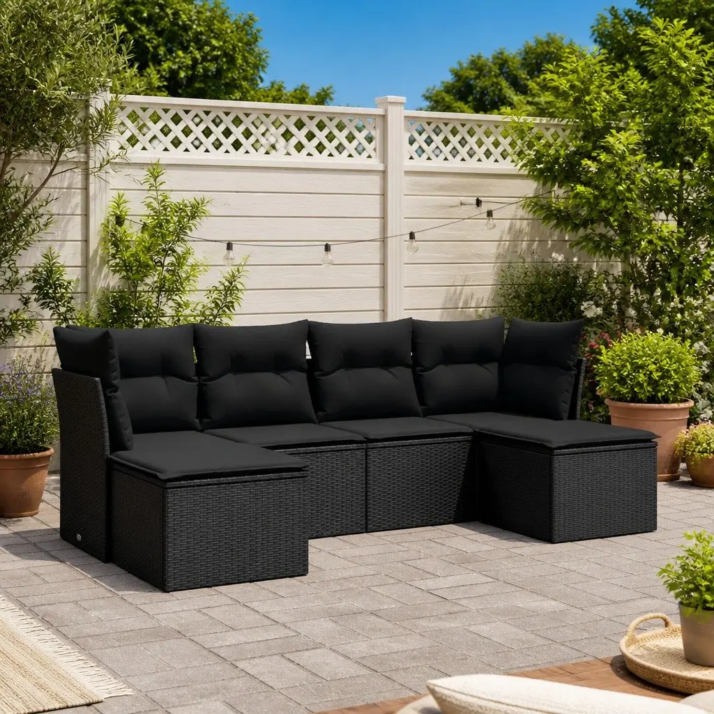 Garden Sofa Set 6 Piece Outdoor Furniture Black Poly Rattan Modular Patio Lounge