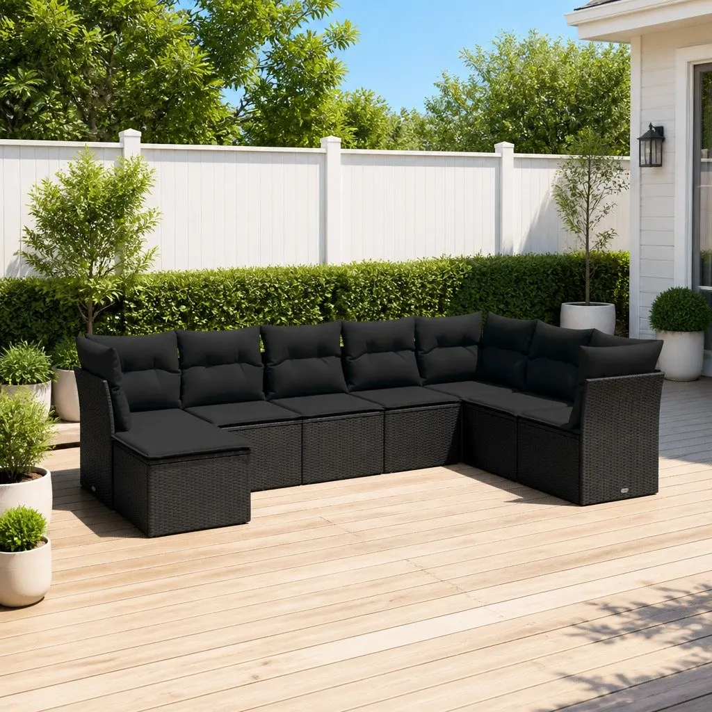 Outdoor Garden Sofa Set Modular 8 Piece Black Poly Rattan Patio Furniture with Cushions