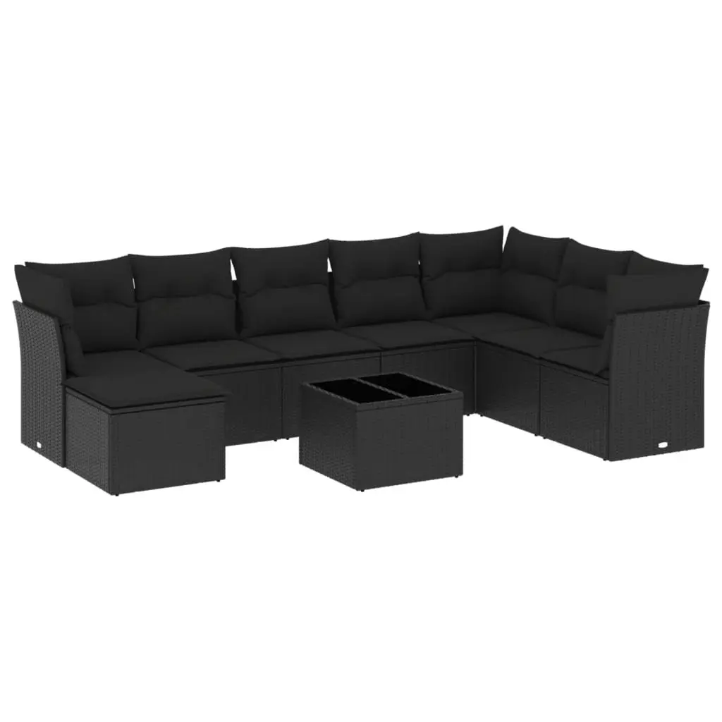 Garden Sofa Set 9 Piece Outdoor Patio Furniture Black Poly Rattan with Cushions