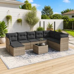 Garden Sofa Set 9 Piece Outdoor Furniture Grey Poly Rattan with Storage Cushions