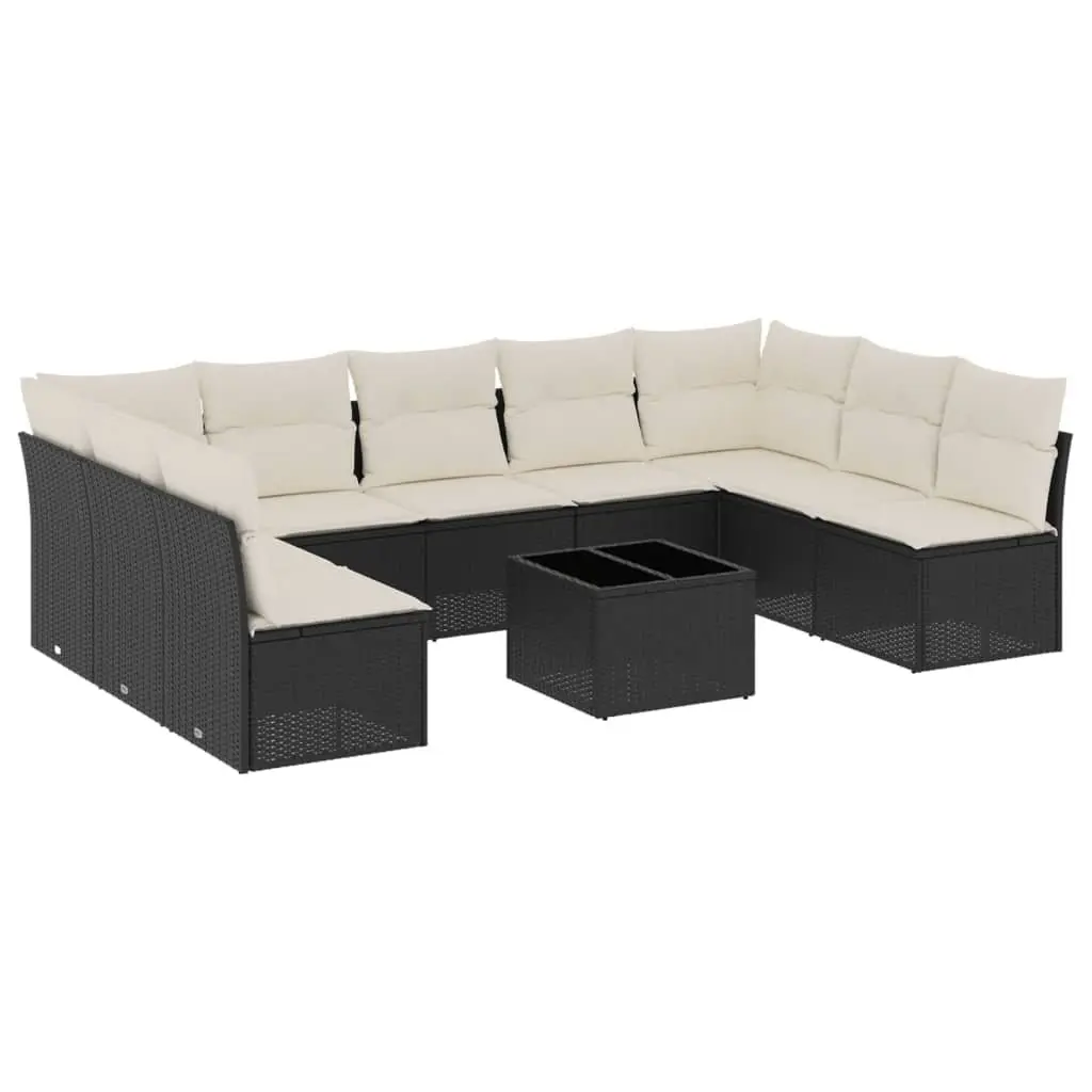 Modular Black Poly Rattan Garden Sofa Set 10 Piece Outdoor Furniture with Storage and Tempered Glass Tabletop