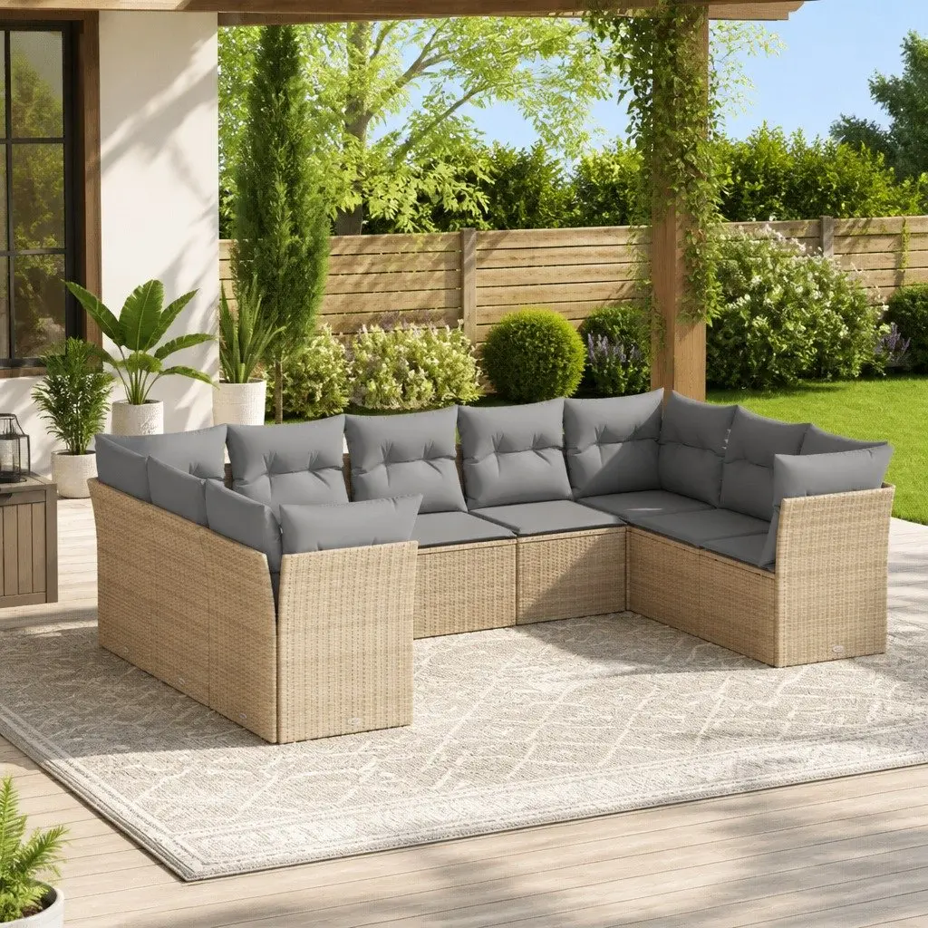 Garden Sofa Set 9 Piece Outdoor Furniture Beige Poly Rattan Patio Seating with