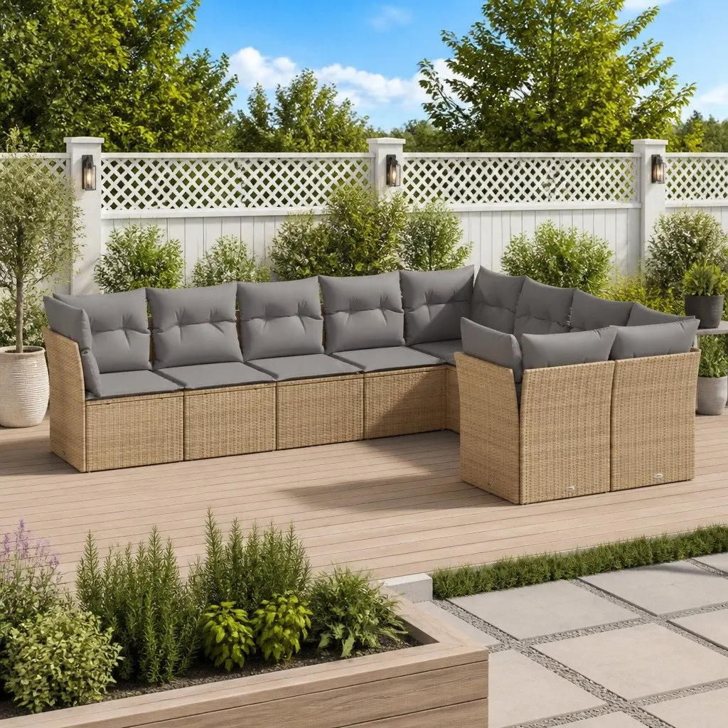 Garden Sofa Set 9 Piece Outdoor Furniture Beige Poly Rattan Patio Seating