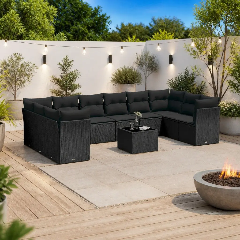Garden Sofa Set 11 Piece Outdoor Furniture Patio Black Poly Rattan Modular