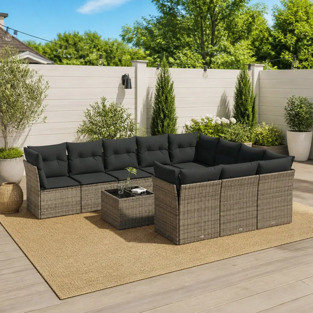 11 Piece Modular Grey Poly Rattan Outdoor Garden Sofa Set with Storage Function and Tempered Glass Tabletop