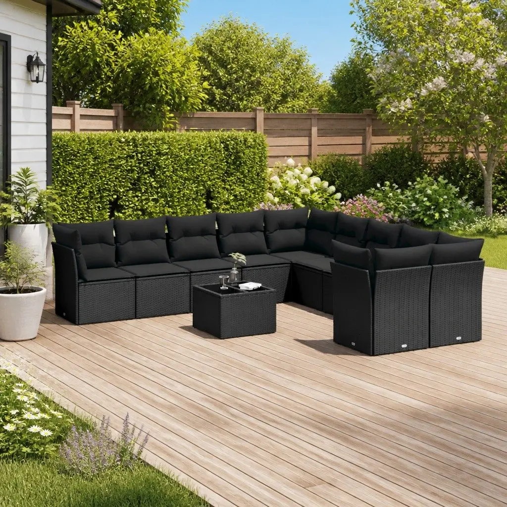 11 Piece Outdoor Garden Sofa Set Black Poly Rattan with Cushions