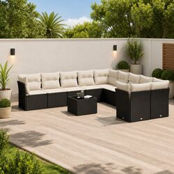 Outdoor Garden Sofa Set 11 Piece Black Poly Rattan Patio Furniture with Cushions