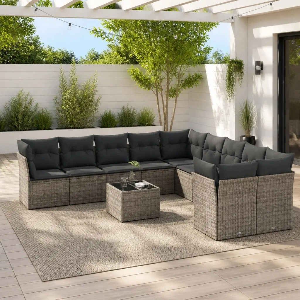 Outdoor Furniture Set 11 Piece Grey Poly Rattan Modular Sofa with Tempered Glass Table and Storage for Patio Garden or Terrace Use