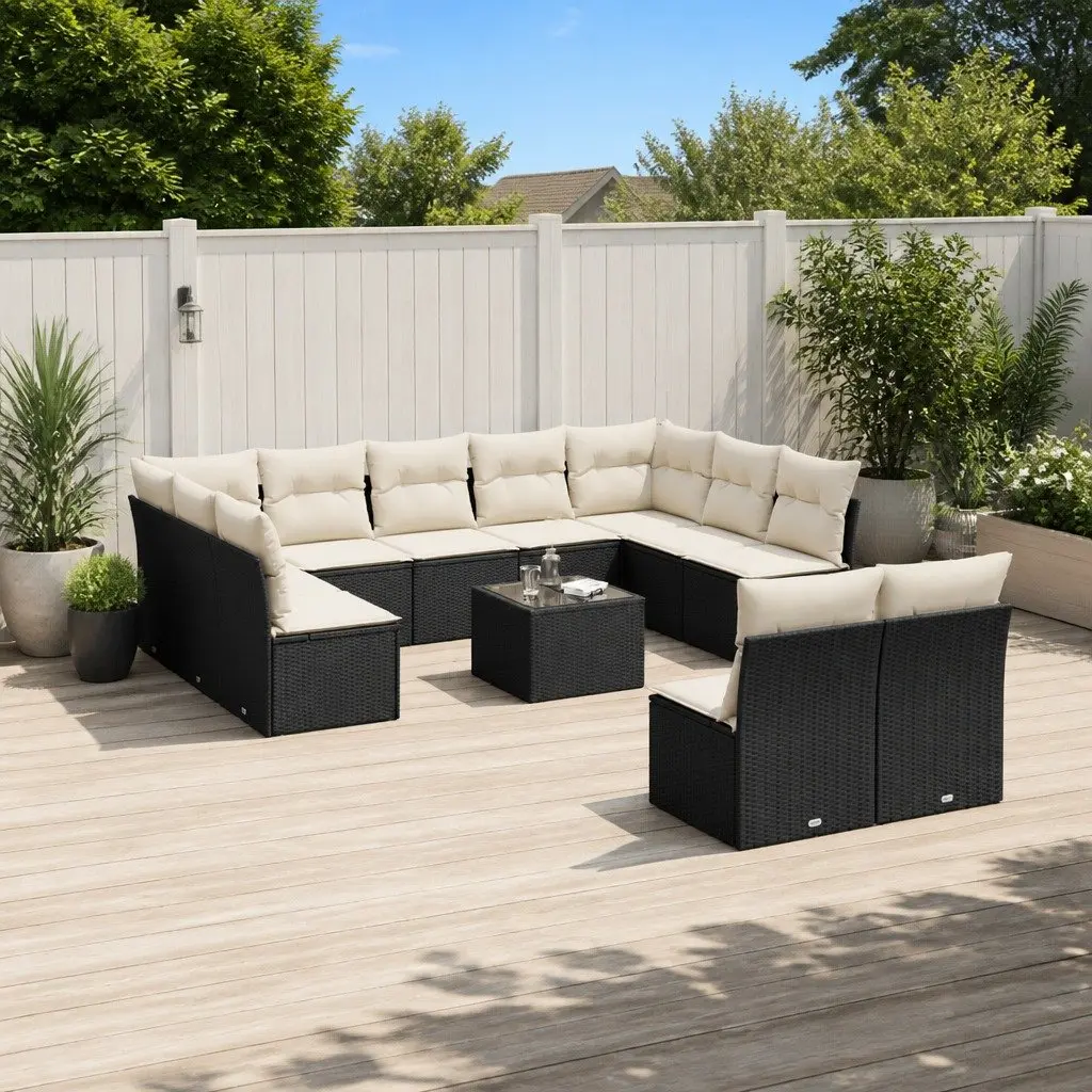 Modular Outdoor Furniture Set 12 Piece Black Poly Rattan Garden Sofa with Tempered Glass Table