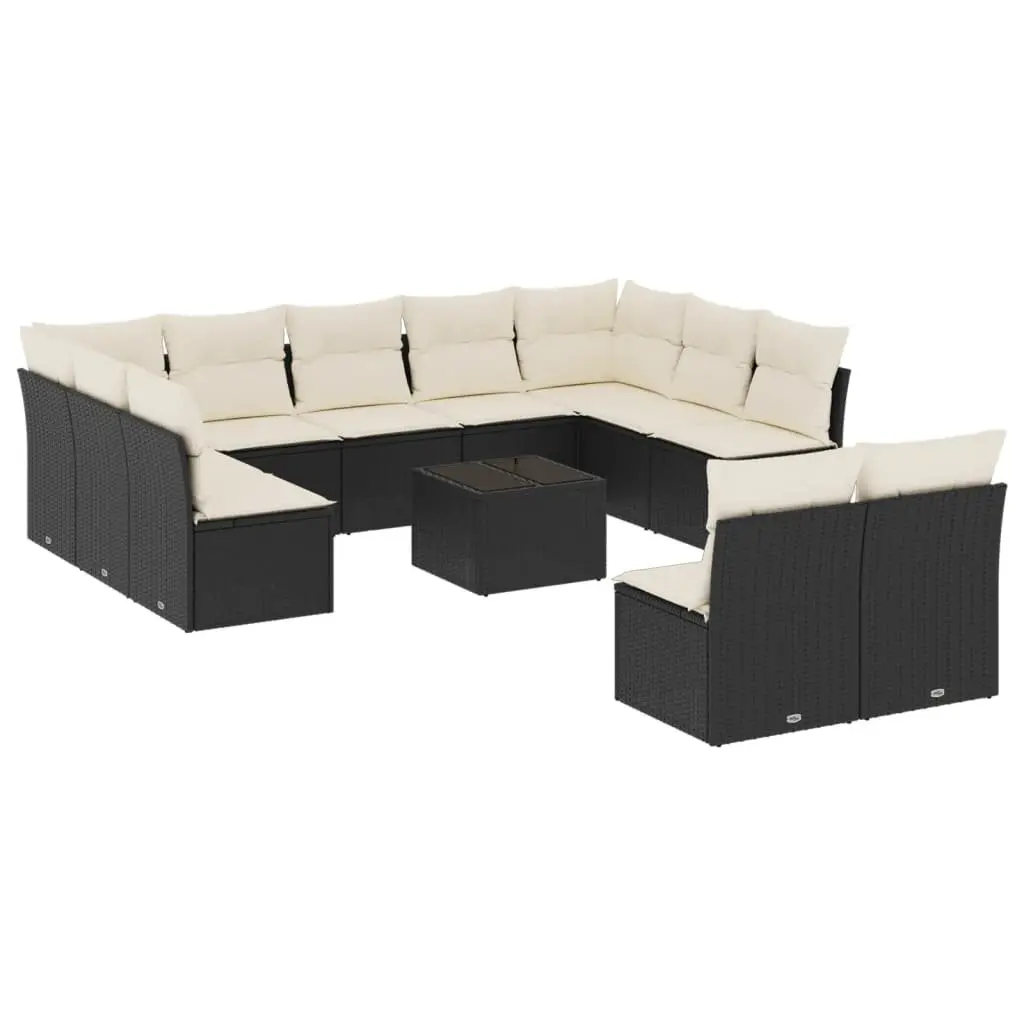 Modular Outdoor Furniture Set 12 Piece Black Poly Rattan Garden Sofa with Tempered Glass Table