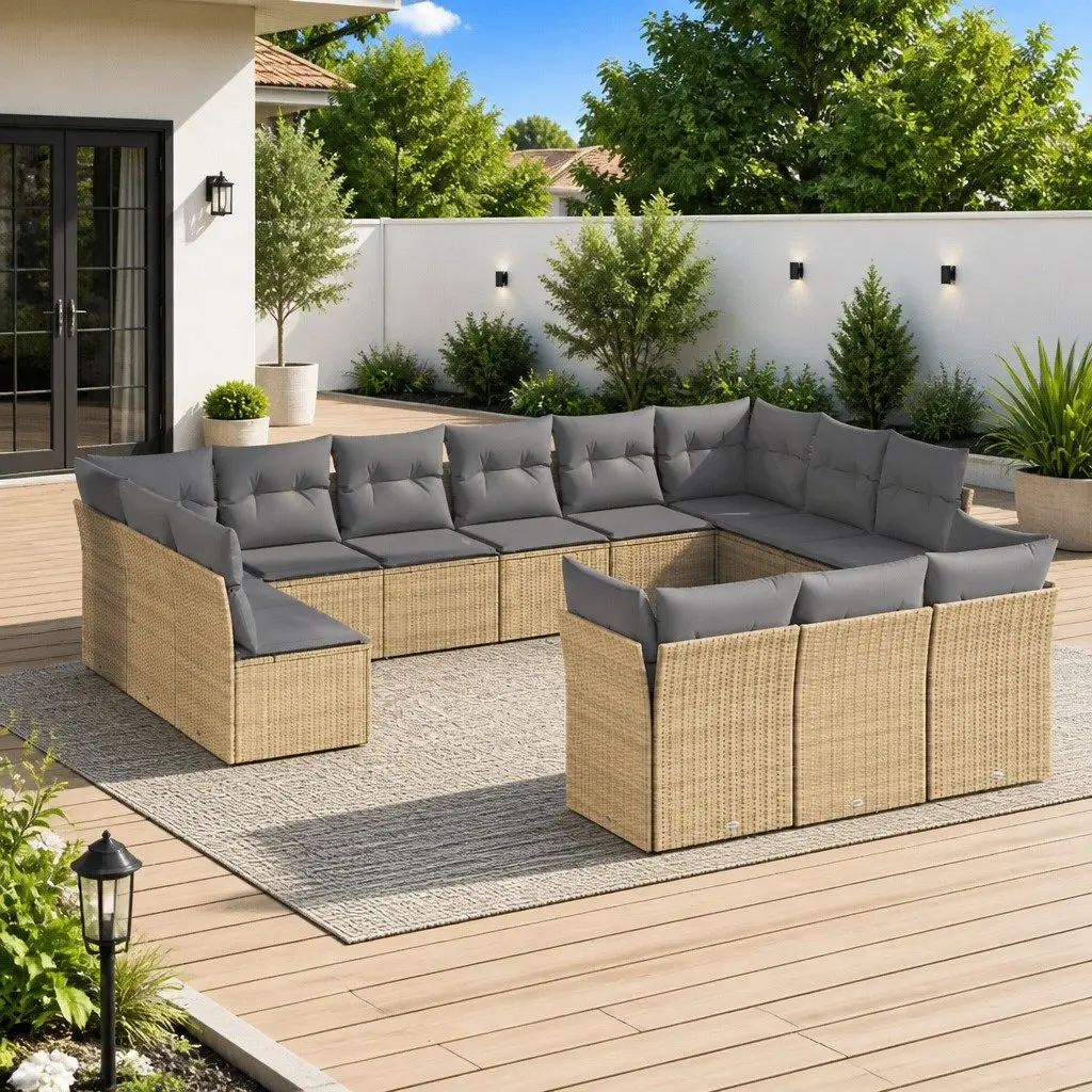 Garden Sofa Set 13 Piece Outdoor Furniture Beige Poly Rattan Patio Seating