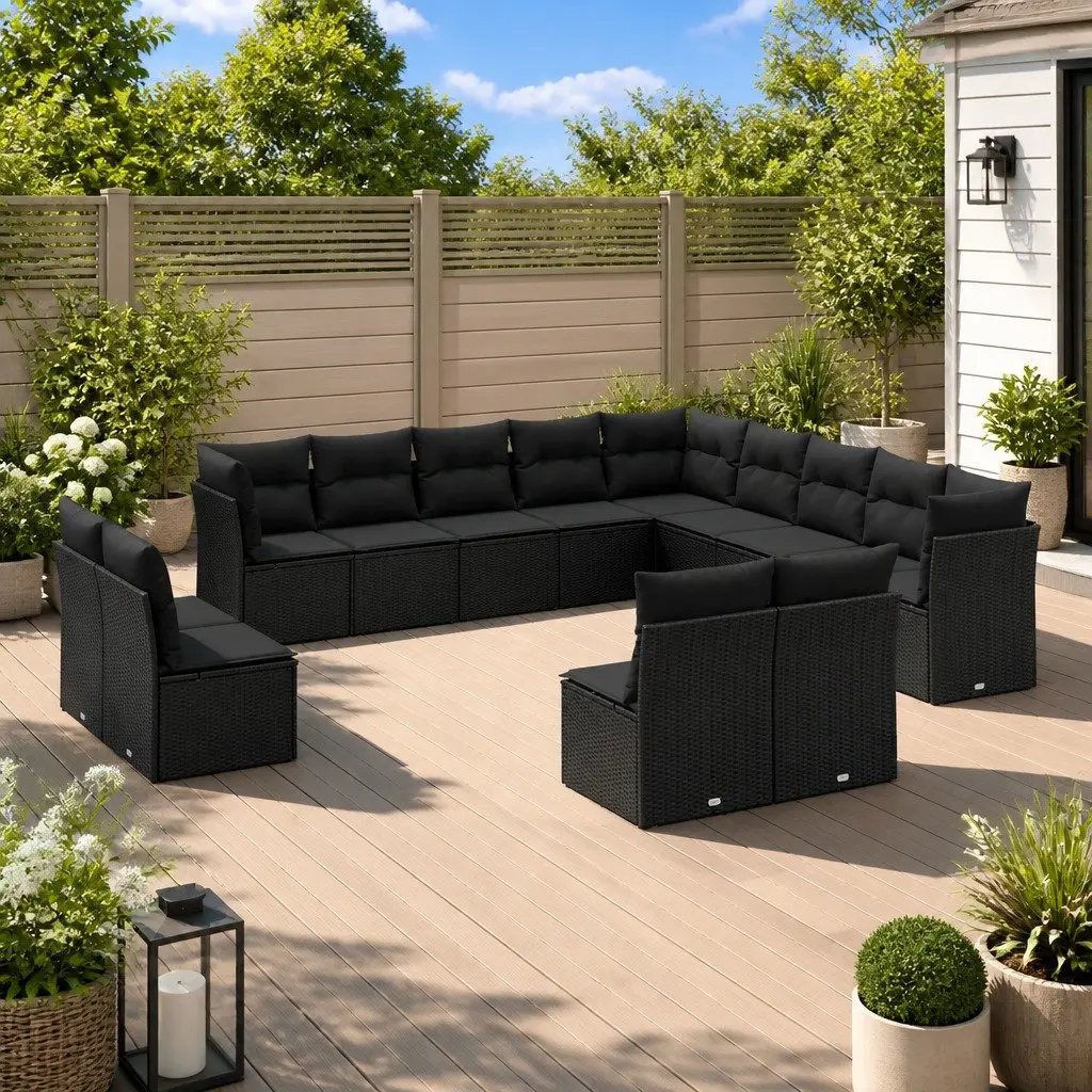 Modular Outdoor Furniture Set 13 Piece Black Poly Rattan Garden Sofa with Cushions