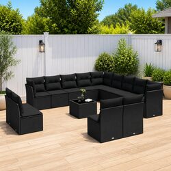 Garden Sofa Set 14 Piece Outdoor Furniture Black Poly Rattan Modular Patio