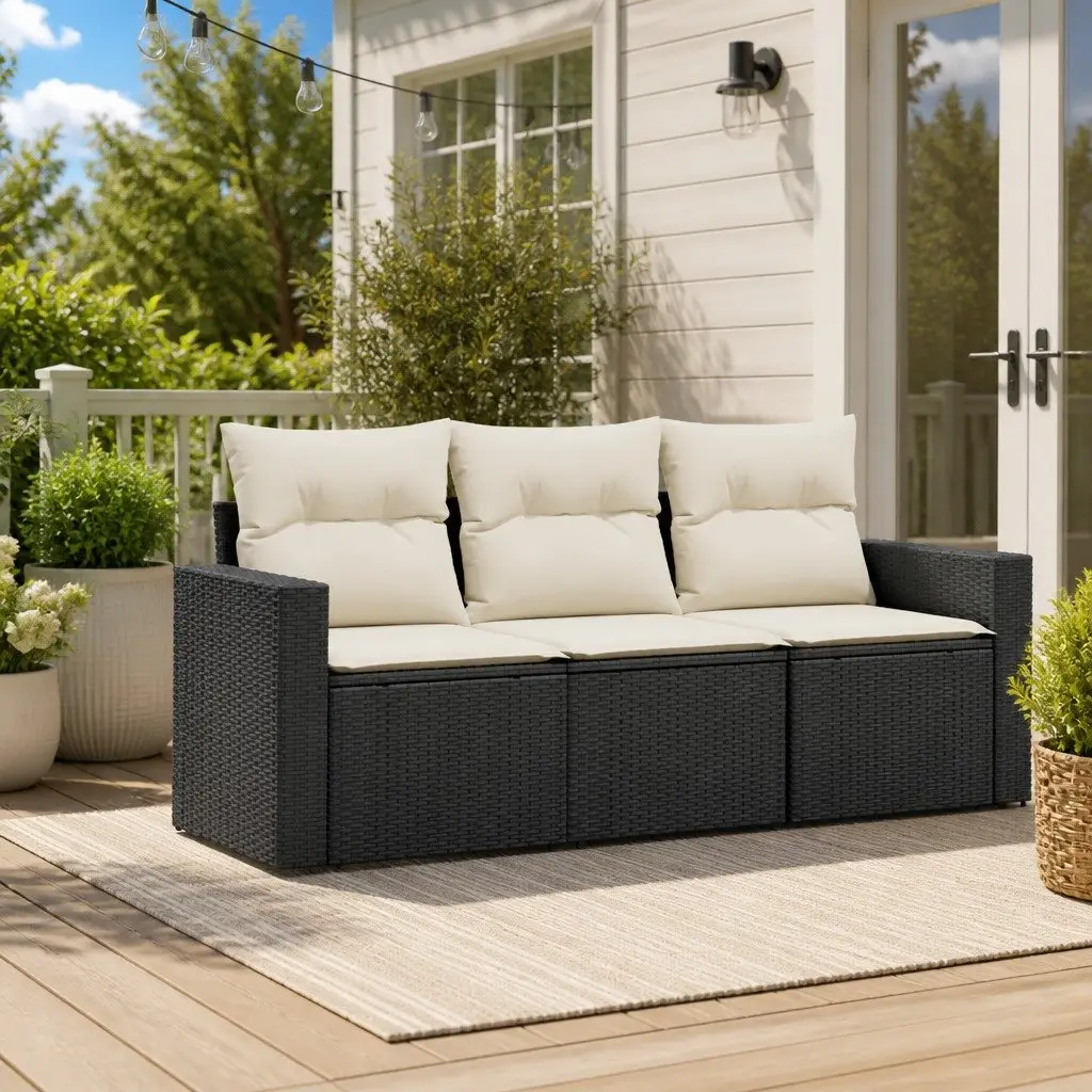 3 Piece Black Modular Outdoor Garden Sofa Set with PE Rattan Construction and Removable Cushions