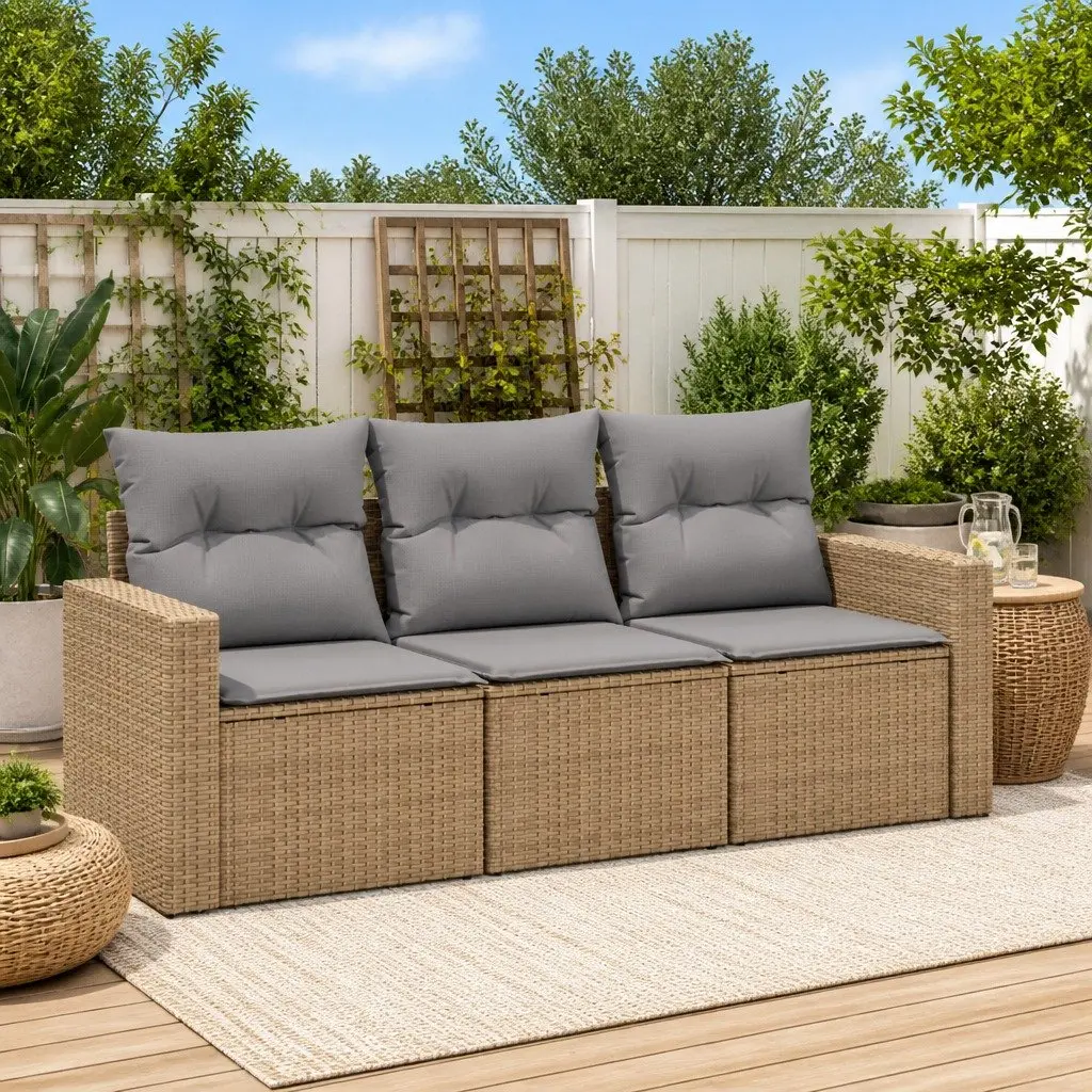 3 Piece Outdoor Sectional Sofa Set Beige Poly Rattan