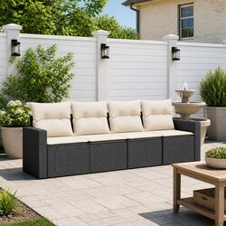 4 Piece Outdoor Garden Sofa Set Black Poly Rattan Sectional Seating Cushions