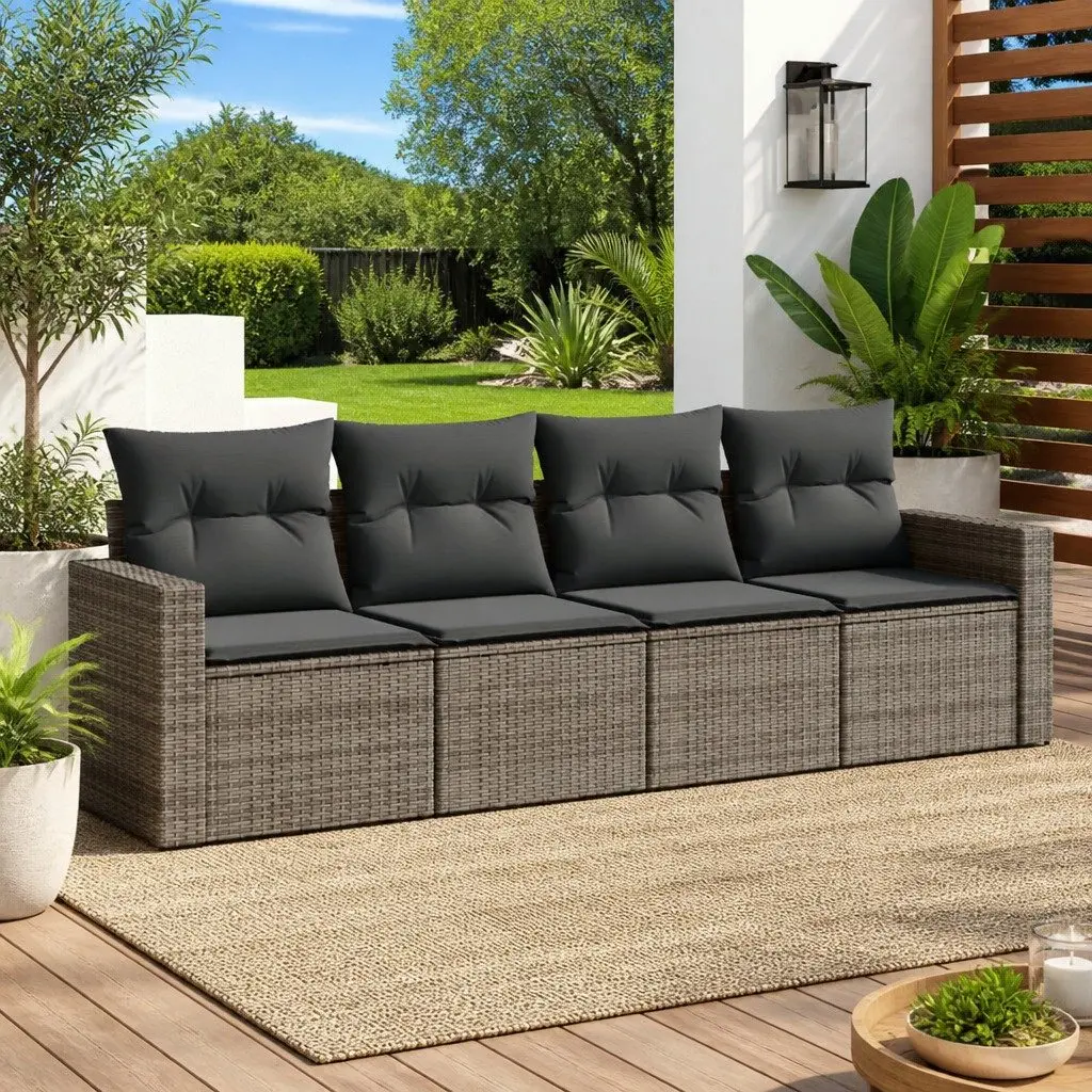 4 Piece Garden Sofa Set with Cushions Grey Outdoor Sectional Rattan Furniture