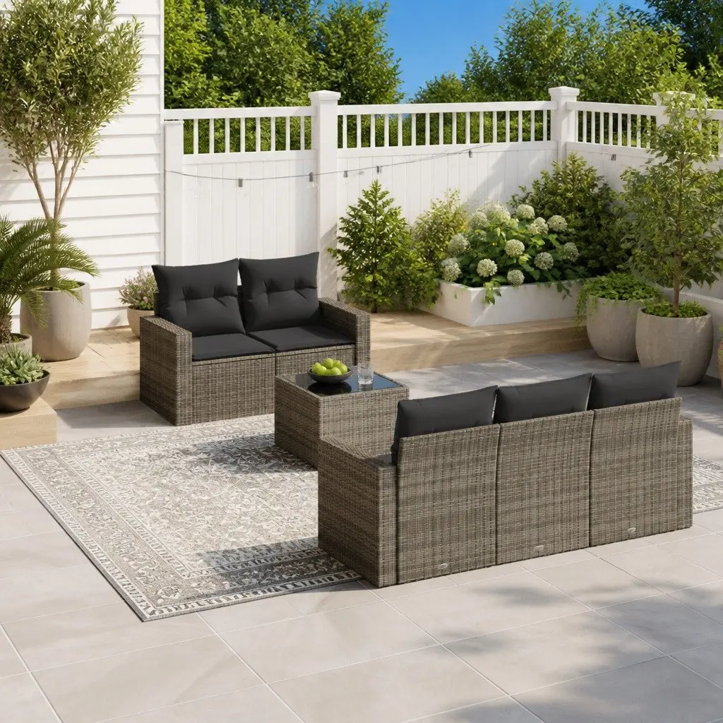 6 Piece Modular Garden Sofa Set with Storage Grey Rattan Outdoor Sectional