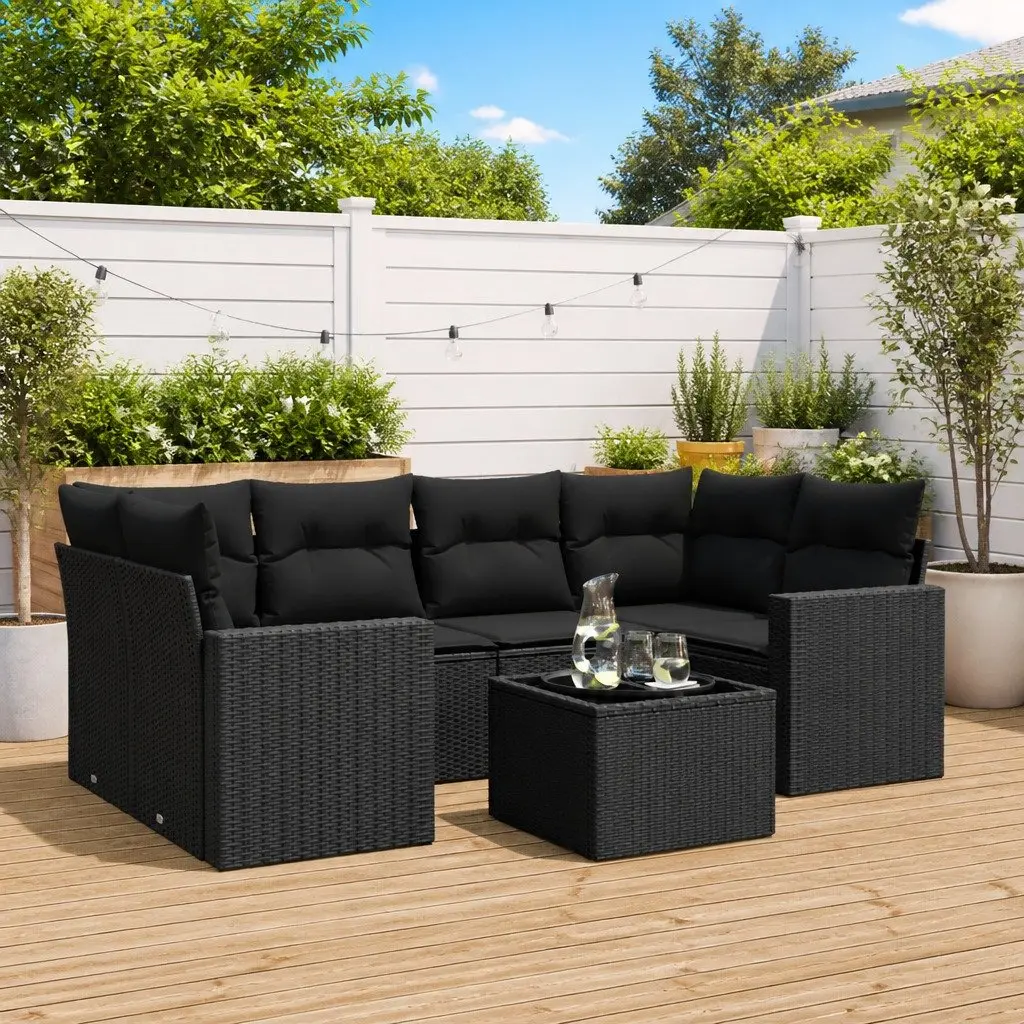 Outdoor Sectional Sofa Set 7 Piece Black Poly Rattan Garden Furniture with