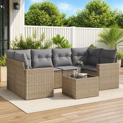 7 Piece Outdoor Garden Sofa Set Beige Poly Rattan Patio Sectional with Cushions